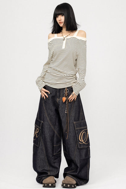 Striped Long Sleeve One Shoulder T-Shirt