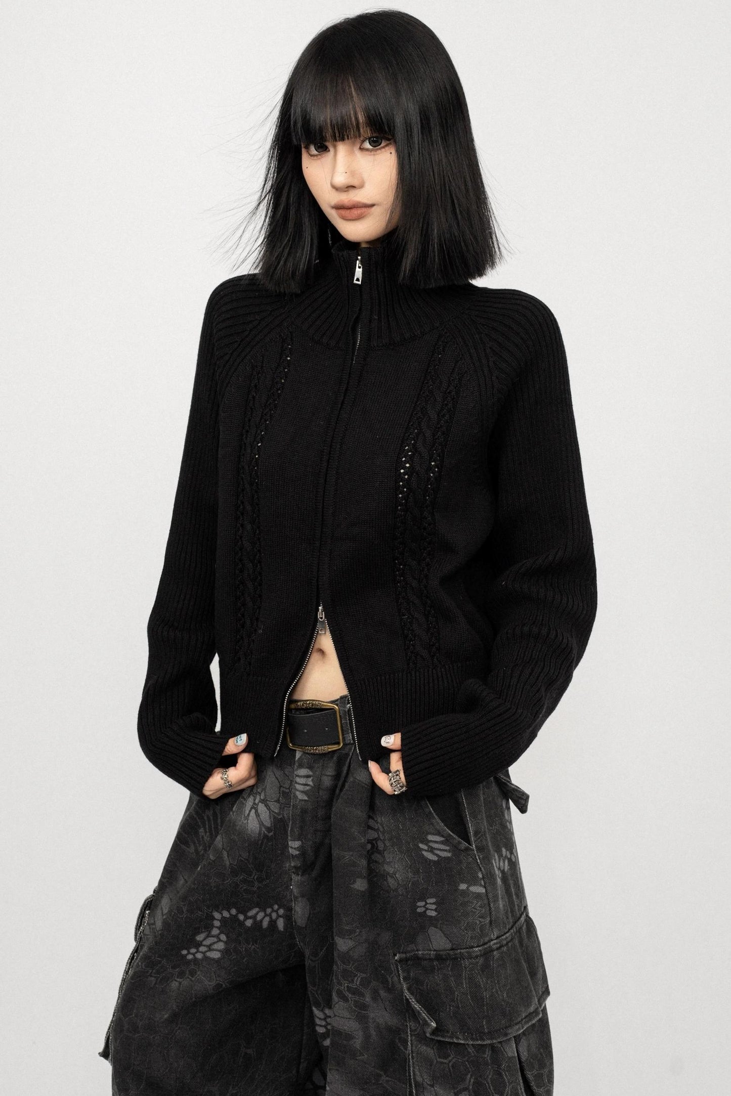 Semi-High Neck Knitted Cardigan