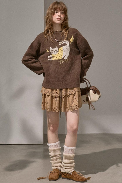 Cute Kitten Crew Neck Knit Sweater