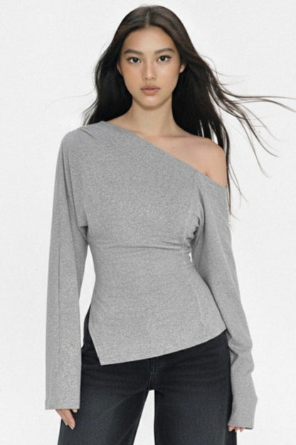 Gray Asymmetrical Shoulder-Cut Top