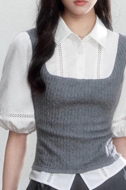 Conjunto de camisa de manga abullonada con bloques de color