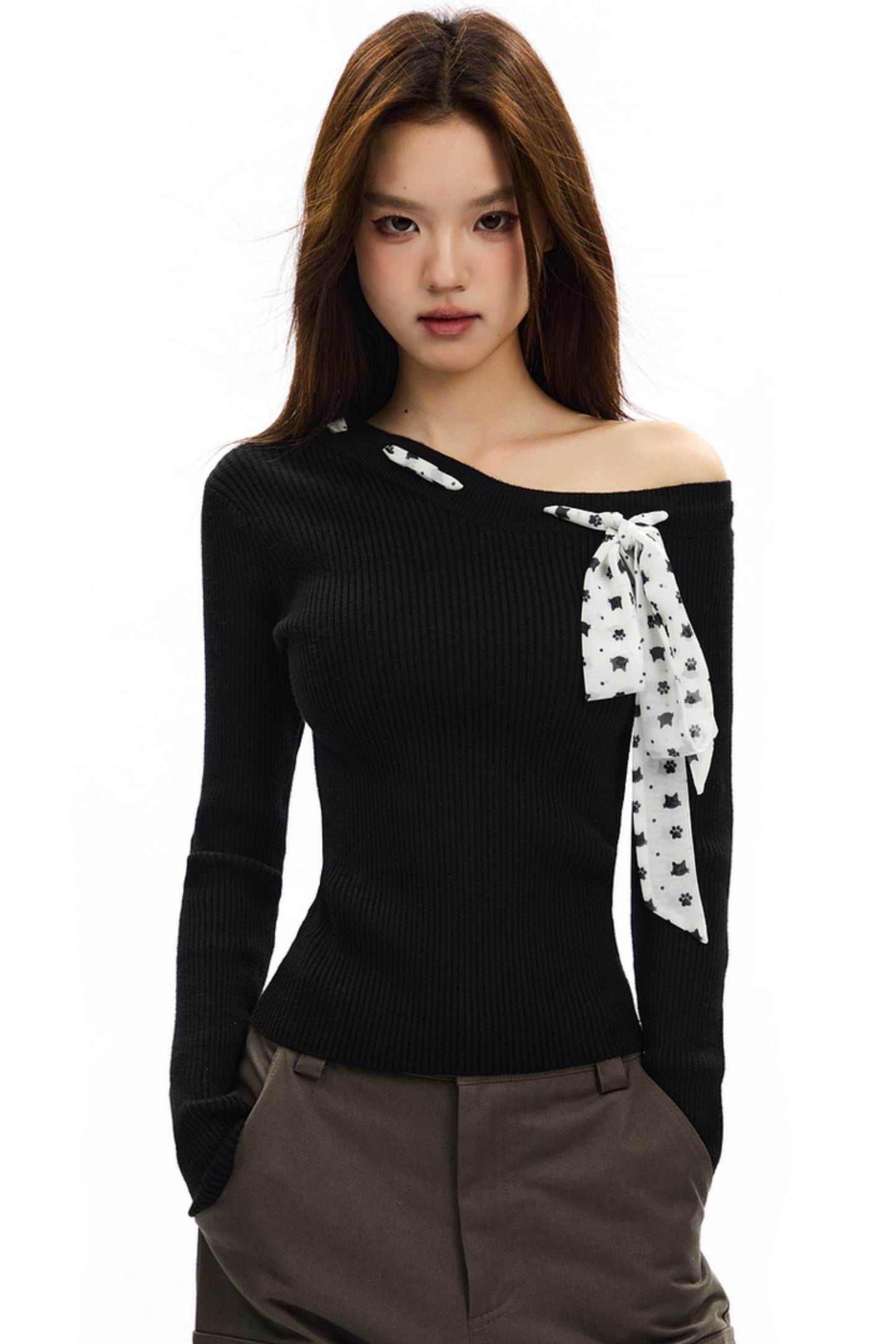 Polka Dot Bow Cropped Knit Top