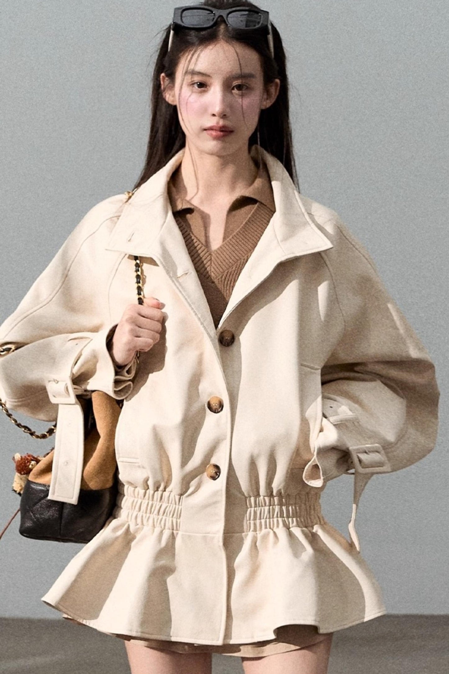 Wool V-Neck Detachable Skirt Dress