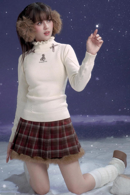 Red-Brown Plaid Skirt Coat Set-Up