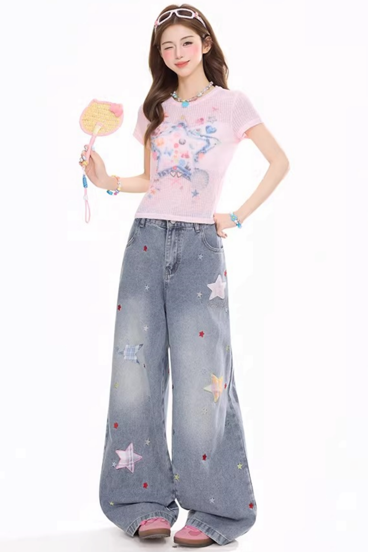 Star-Patterned Vintage Denim Pants