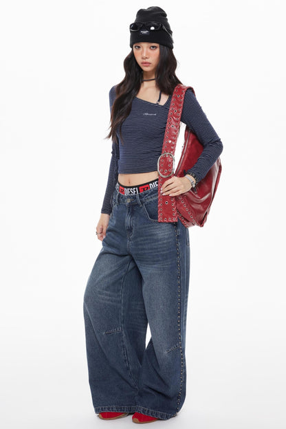 Vintage Blue Beaded Wide-Leg Jeans