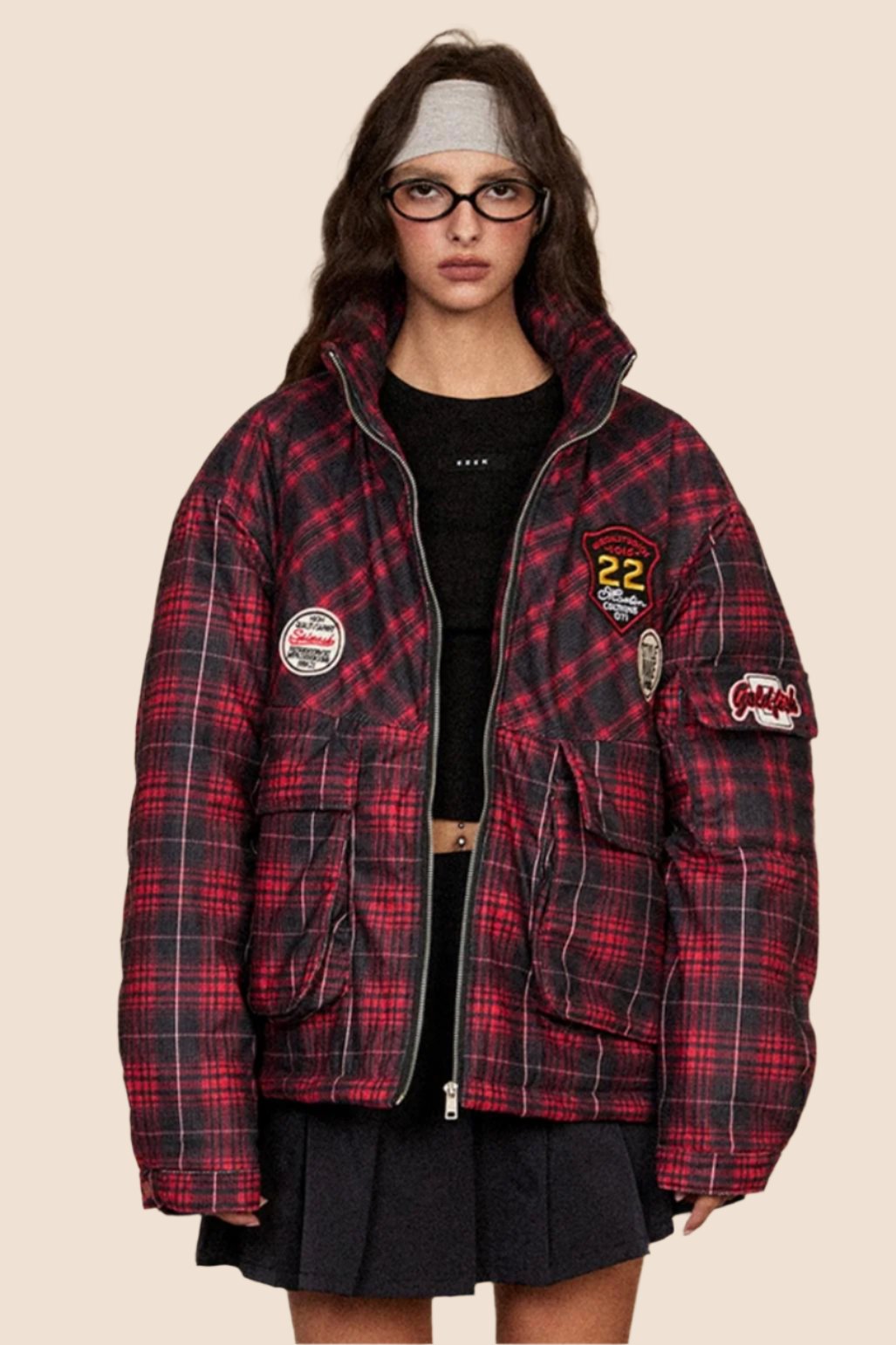 EZEK American Retro Stand Collar Red Plaid Cotton Jacket Baumwolljacke Women's Loose Lazy Thickened Cotton Jacket Breadwear Jacket