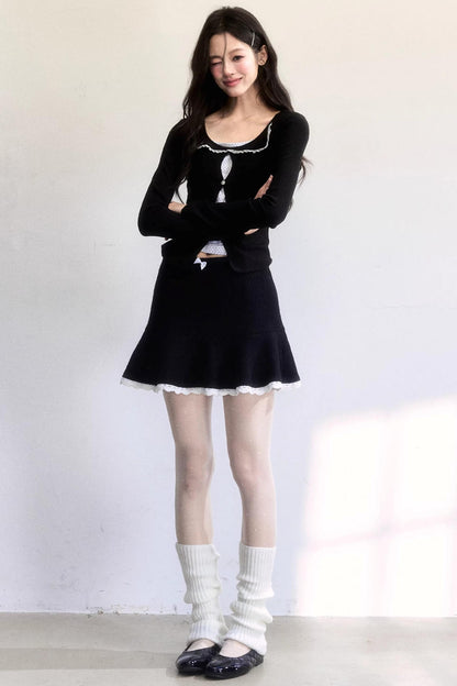 Polka Dot Hollow-Out Knit Sweater Set-Up