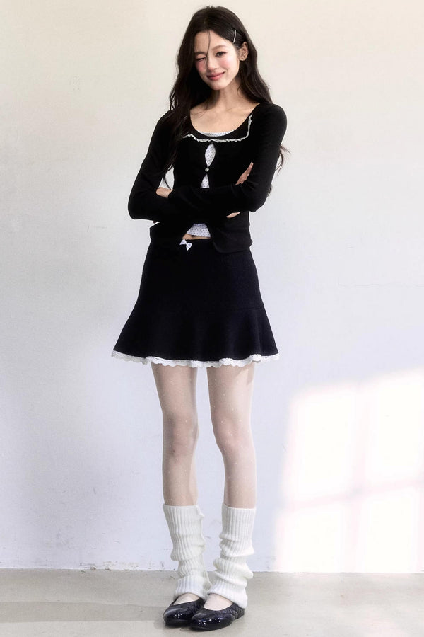 Polka Dot Hollow-Out Knit Sweater Set-Up