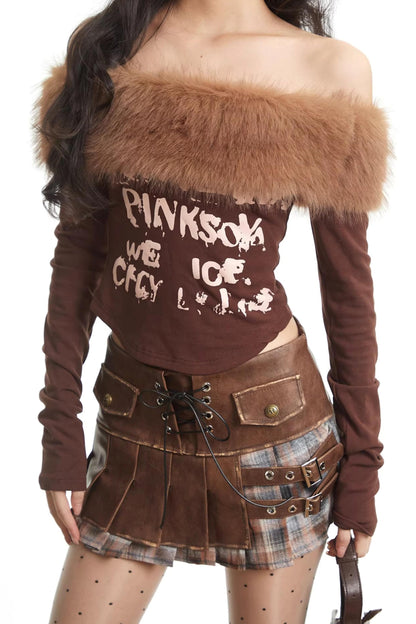 Retro Fur Collar Off-Shoulder Top