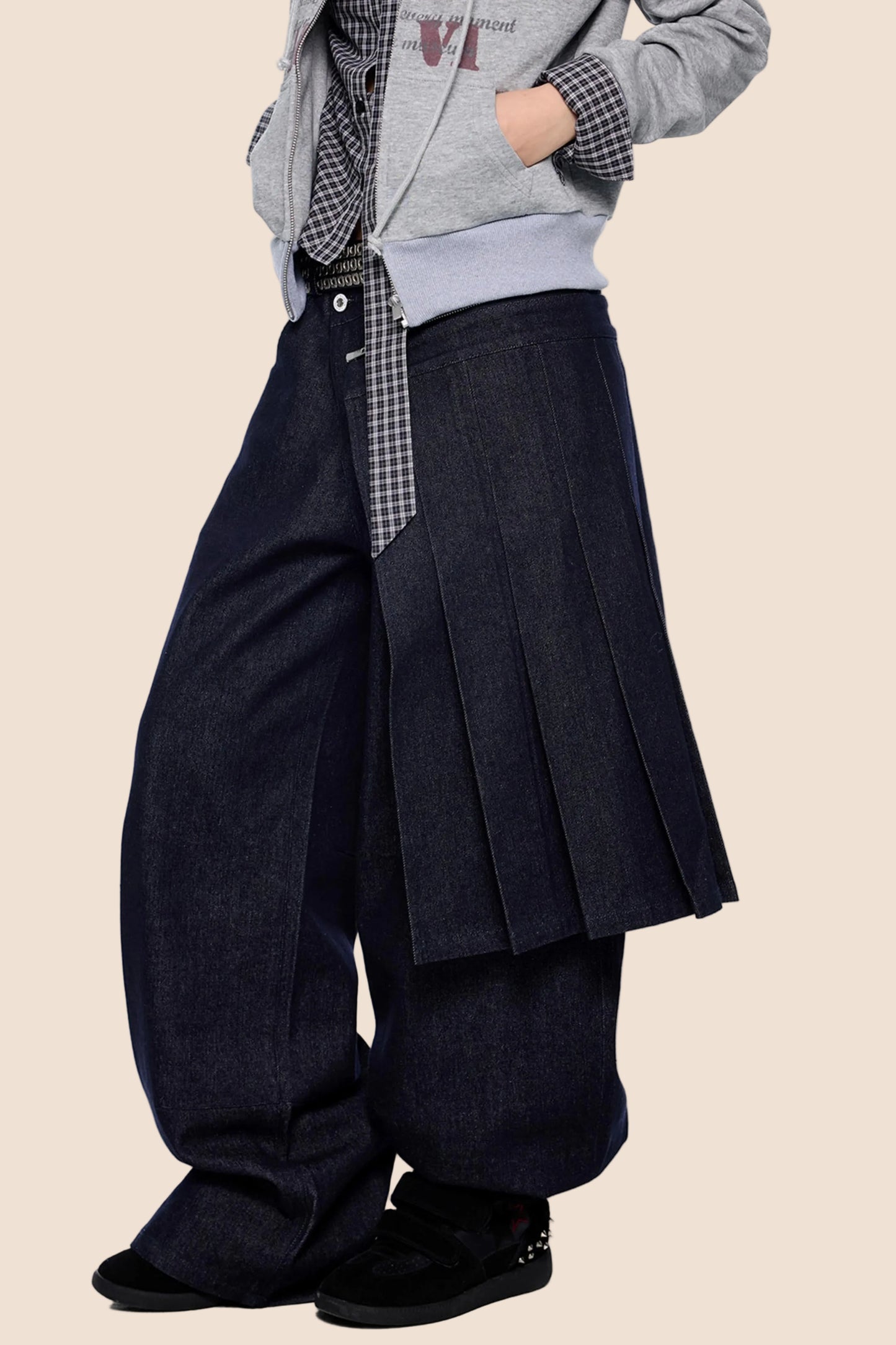 Detachable Pleated Denim Skirt Pants
