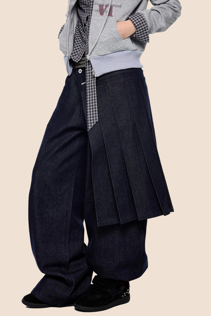 Detachable Pleated Denim Skirt Pants