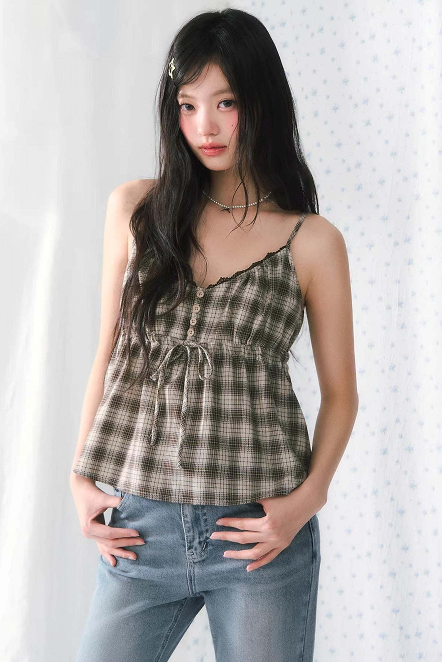 Lace Patchwork Plaid Camisole