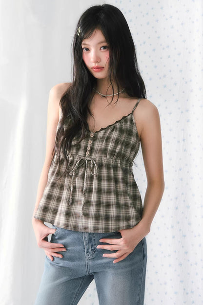 Lace Patchwork Plaid Camisole