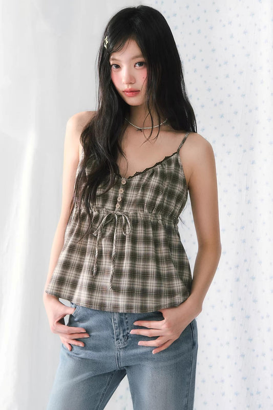 Lace Patchwork Plaid Camisole