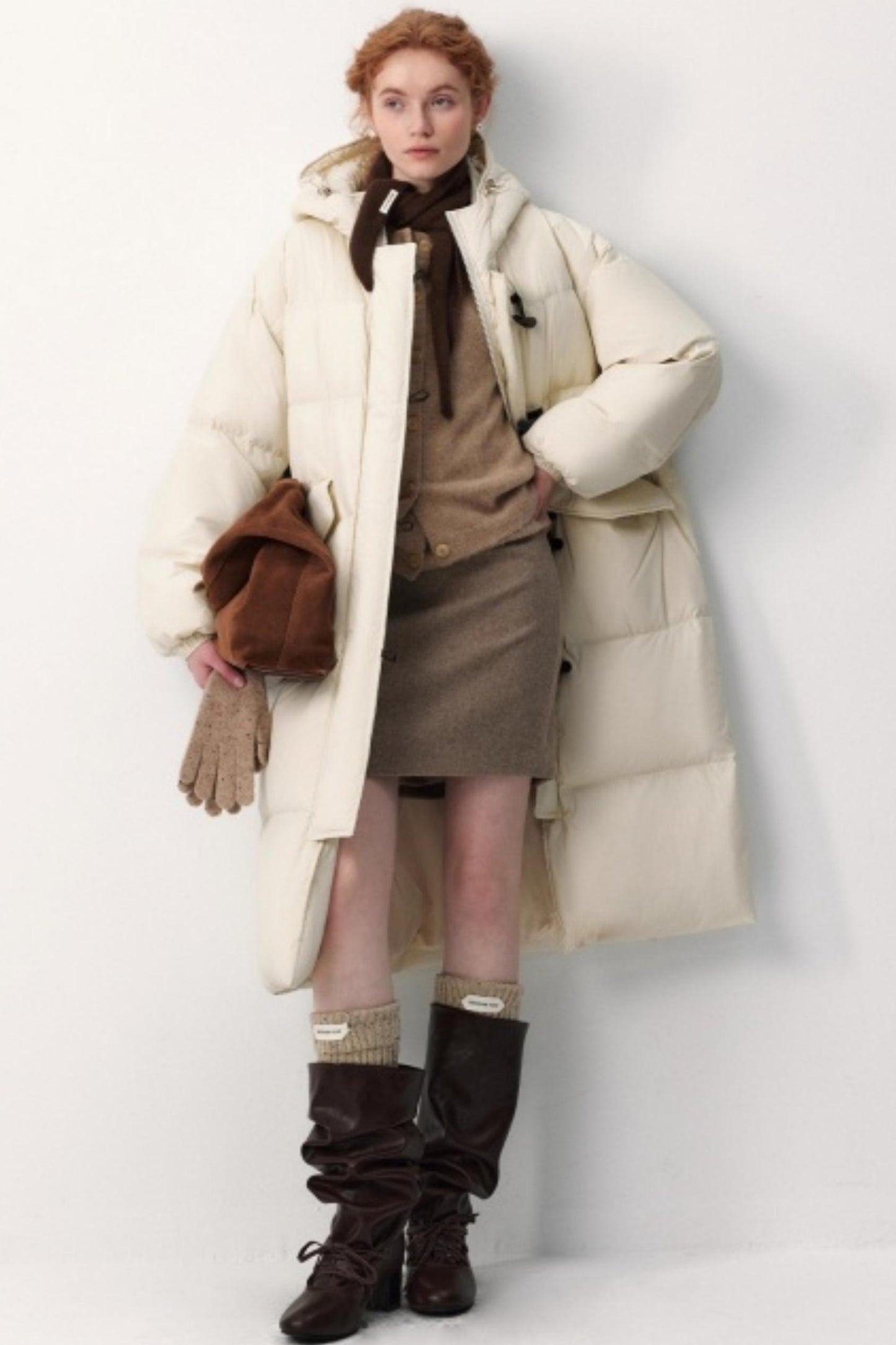 Hooded Horn Button Long Down Jacket