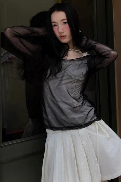 Two-Tone Sheer Mesh Blouse