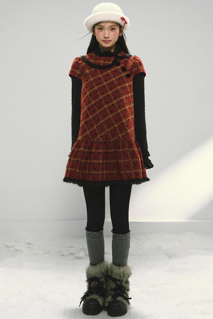 Christmas Doll Collar Tweed Dress Set-Up