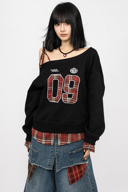 Vintage Plaid One-Shoulder Sweatshirt
