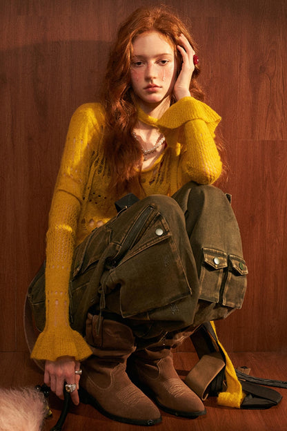 Wide-Neck Knit Cardigan