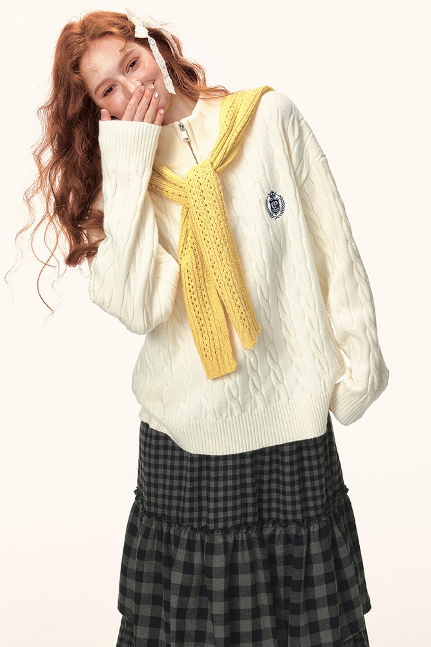 French Cable Knit Polo Sweater Top