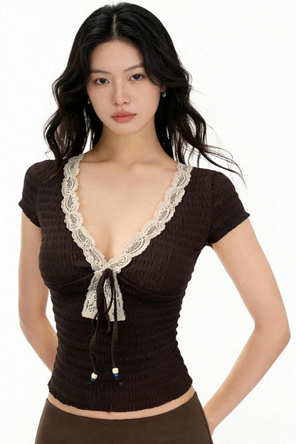 Retro Lace-Trimmed V-Neck Top