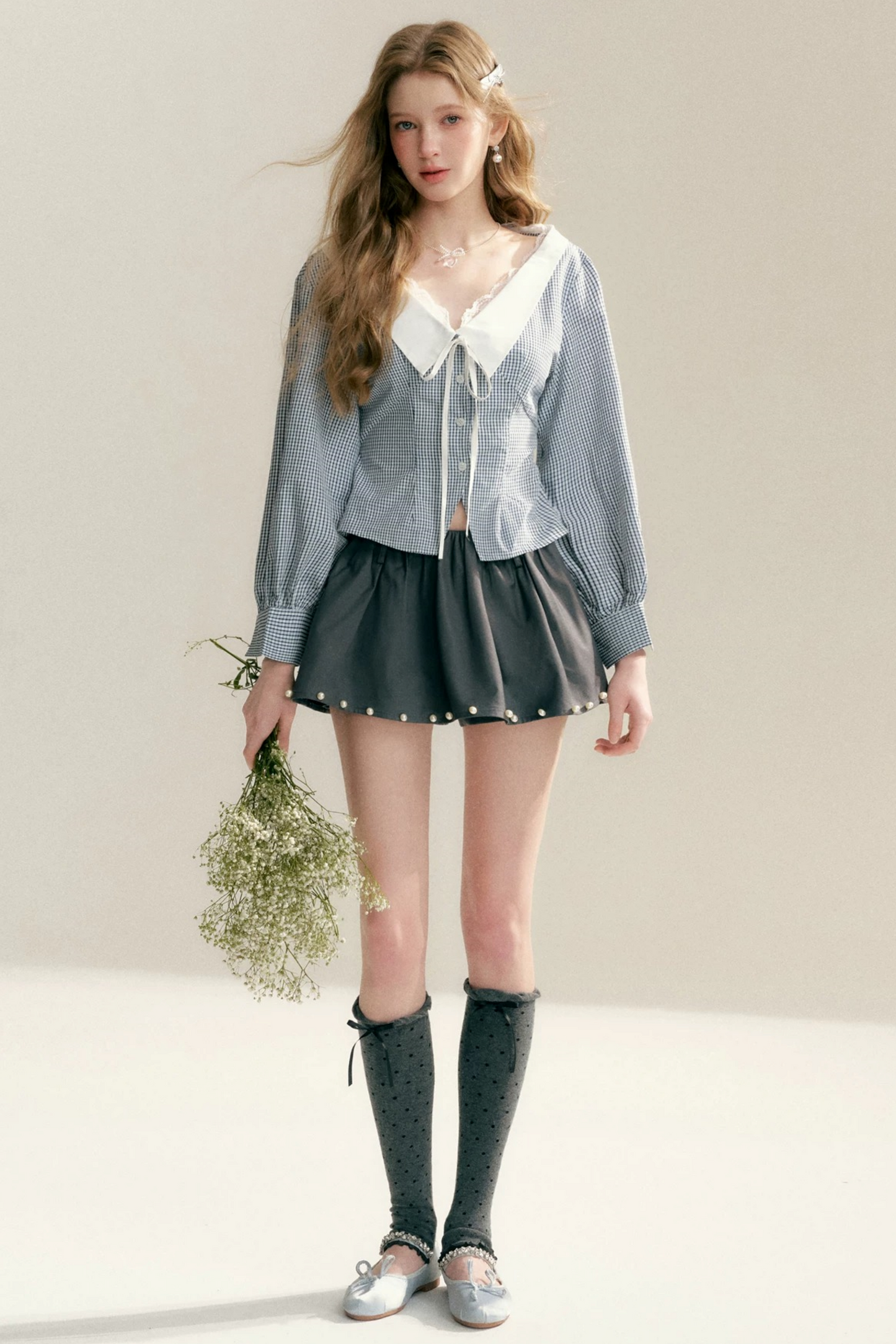 Lace Trim Plaid Blouse