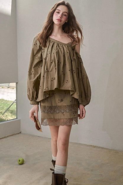 Embroidery Elegant Slanted Shoulder Skirt Set-Up