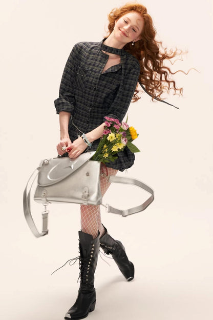 Plaid Lace-Up Blouse Set-Up