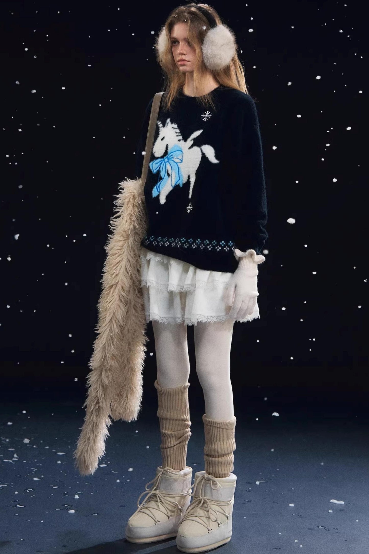 Snowflake Pony Soft Round Neck Sweater