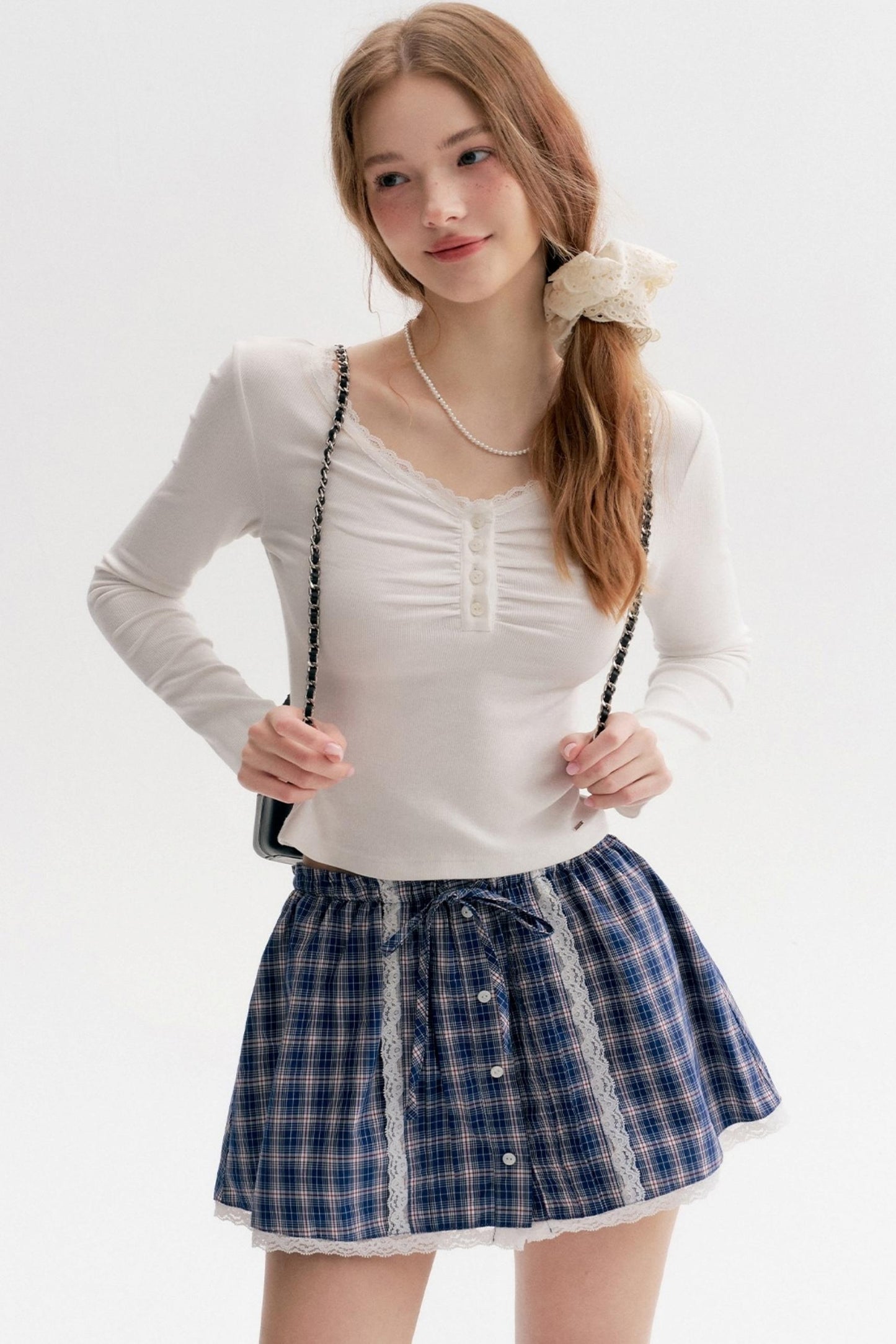 Lace Stitching Check Short Skirt