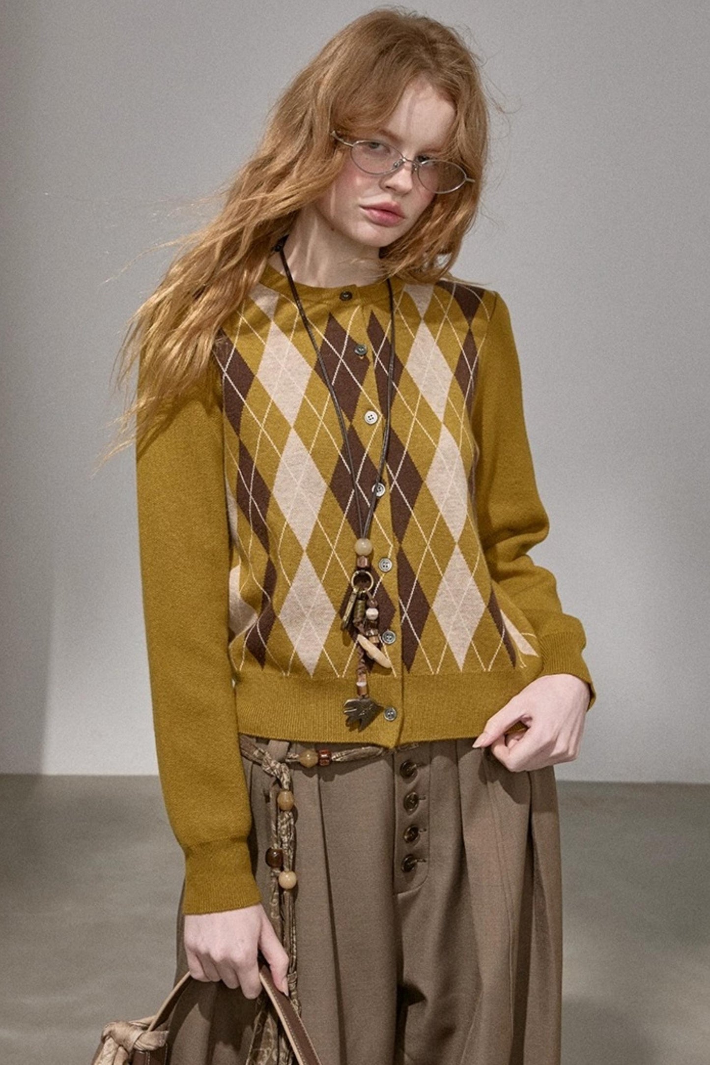 Retro Diamond-Pattern Knit Top