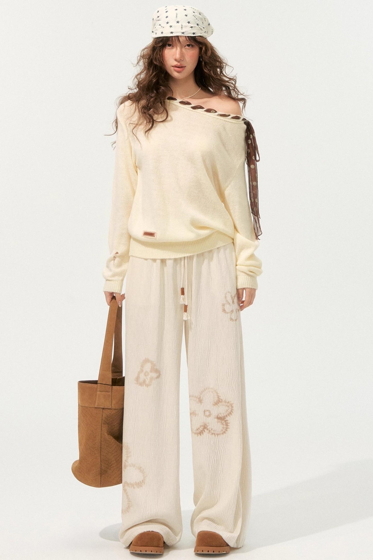 Floral Pleated Lace-Up Pants