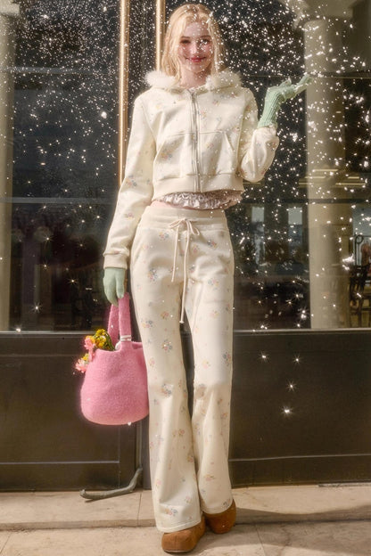 Milky Way Floral Fur Collar Jacket Set-Up