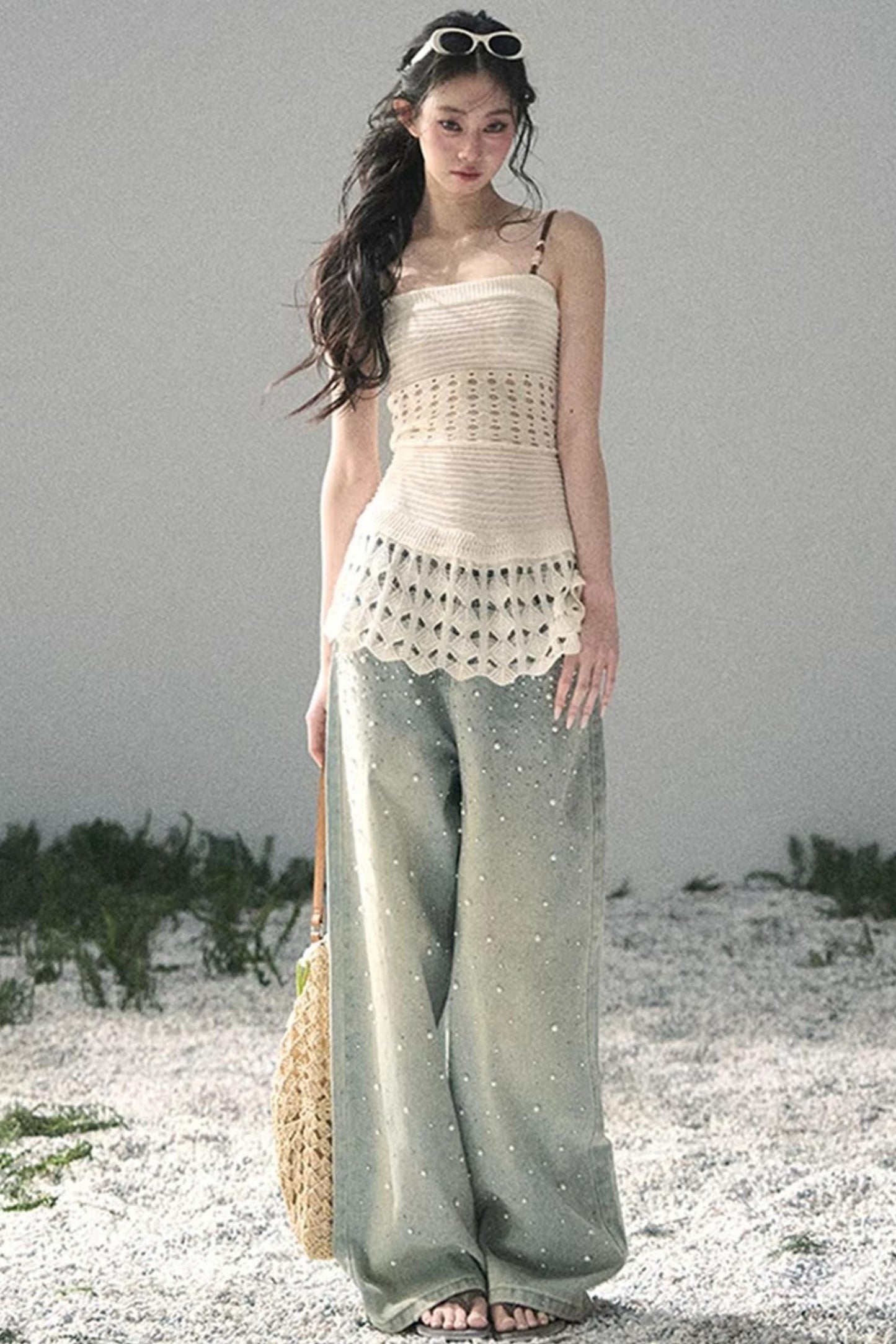 Französisches Strick-Hollow-Out-Unterhemd