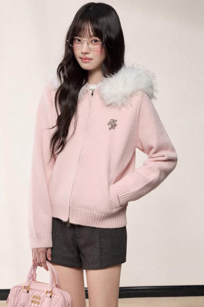 Fur Collar Hooded Knit Cardigan