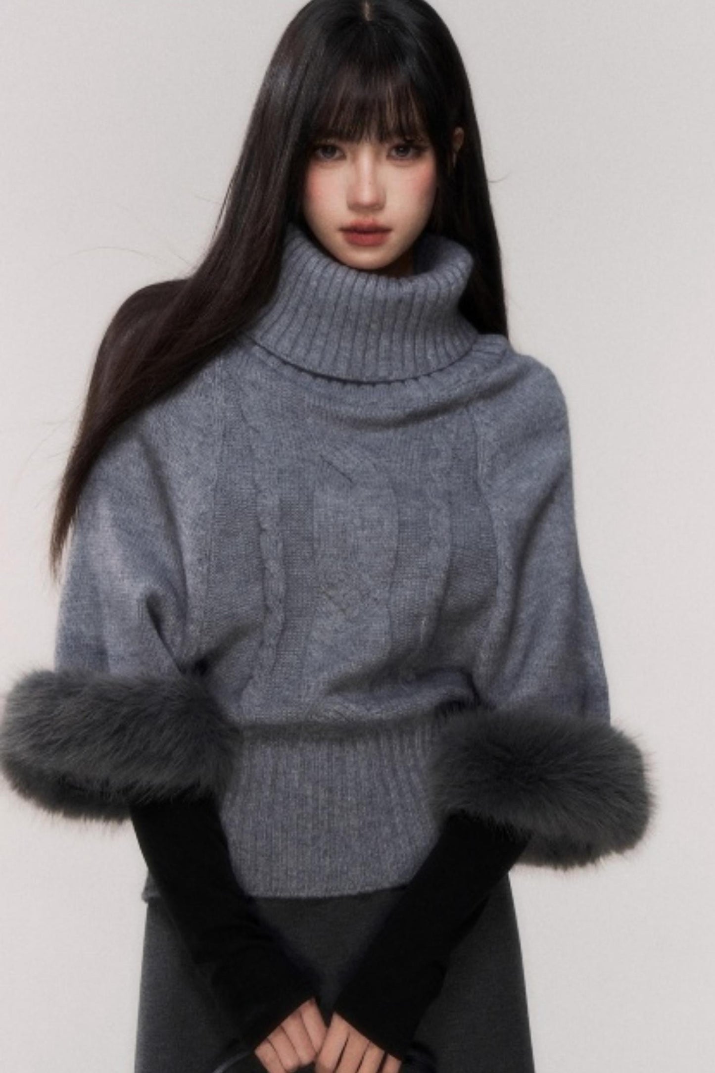 Gray Cable Knit Turtleneck Sweater