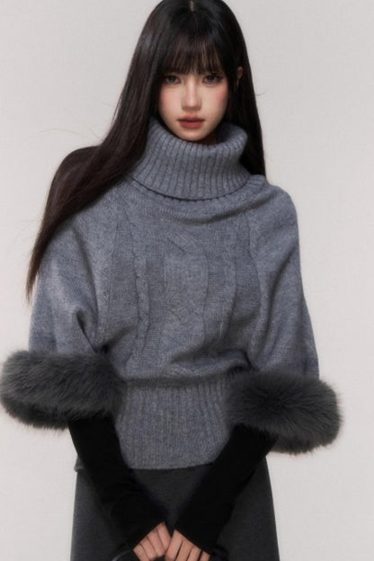 Gray Cable Knit Turtleneck Sweater