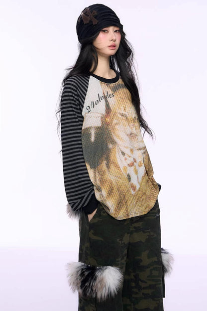 Cat Print Raglan Knit Top