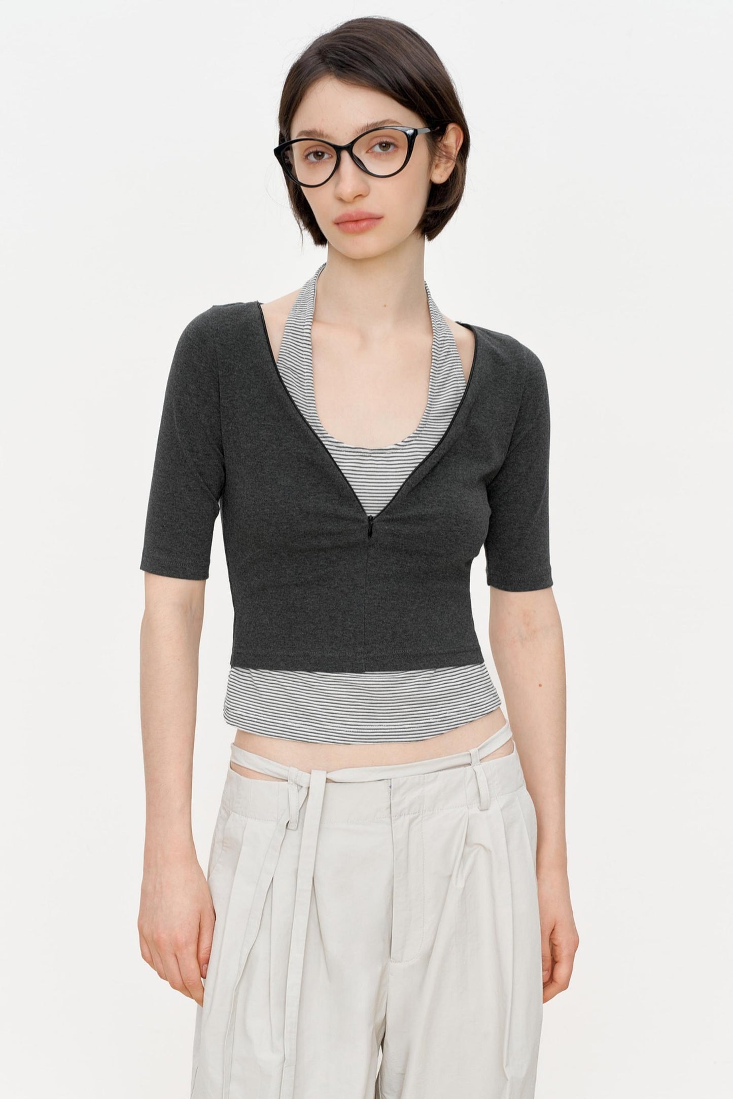 Striped Slim Zipper Tee