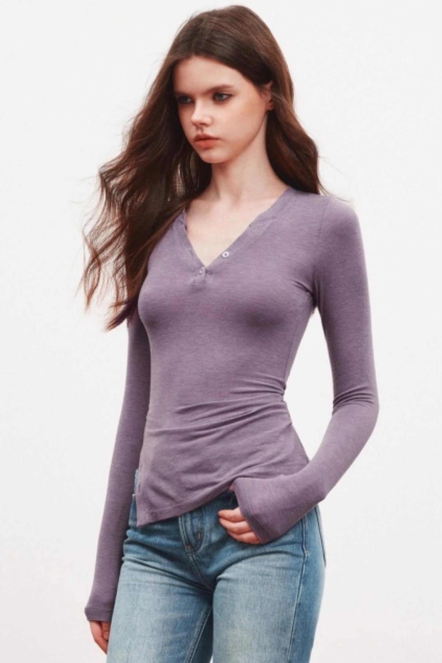 V-Neck High Slit Long Sleeve Slim Top