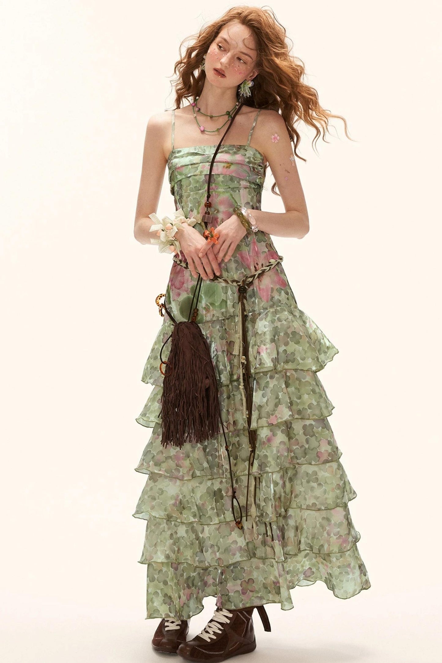 Green Floral Strapless Dress