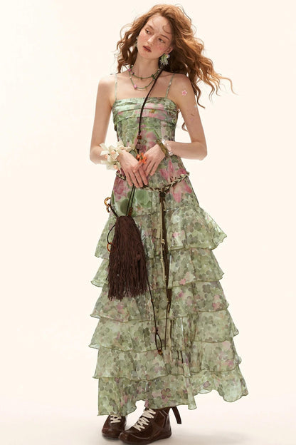 Green Floral Strapless Dress