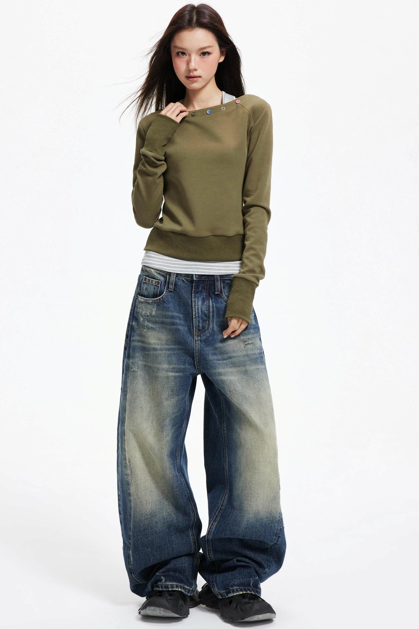 American Distressed Denim Wide-leg Pants