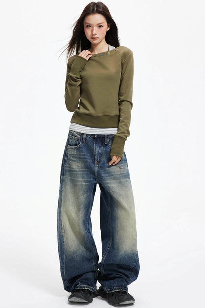 American Distressed Denim Wide-leg Pants