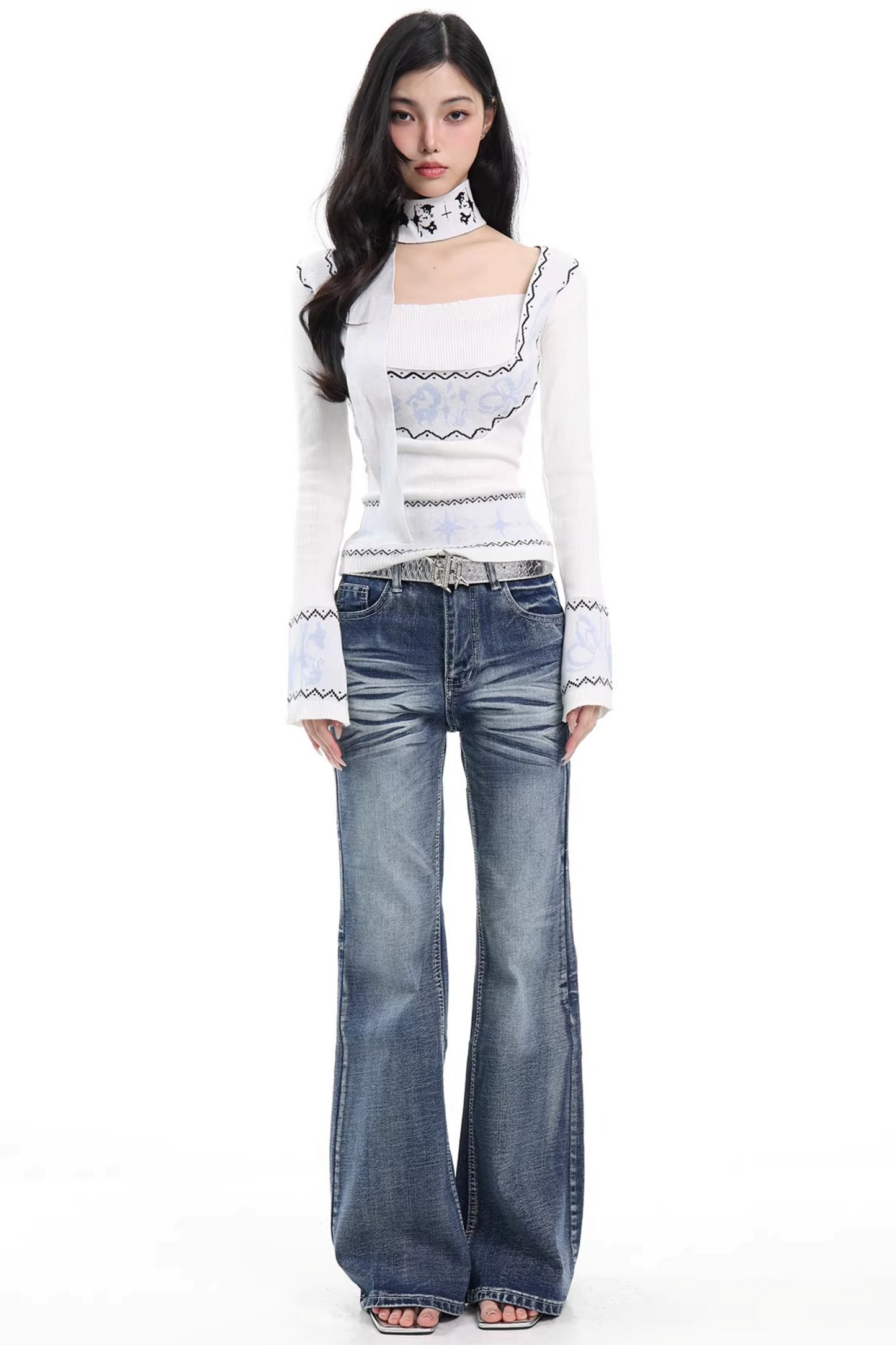 Retro High-Waisted Flared Denim Pants