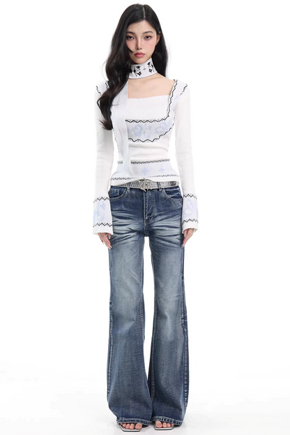 Retro High-Waisted Flared Denim Pants