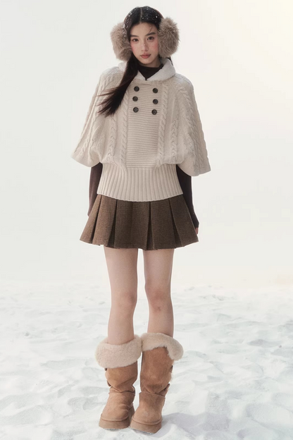 Coffee-Colored Fur Collar Cape Sweater