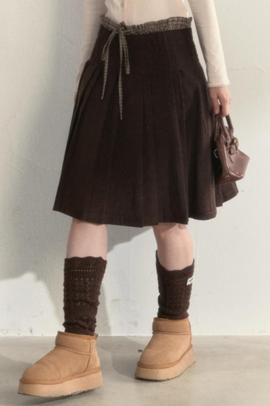 Retro Brown Corduroy Pleated Skirt