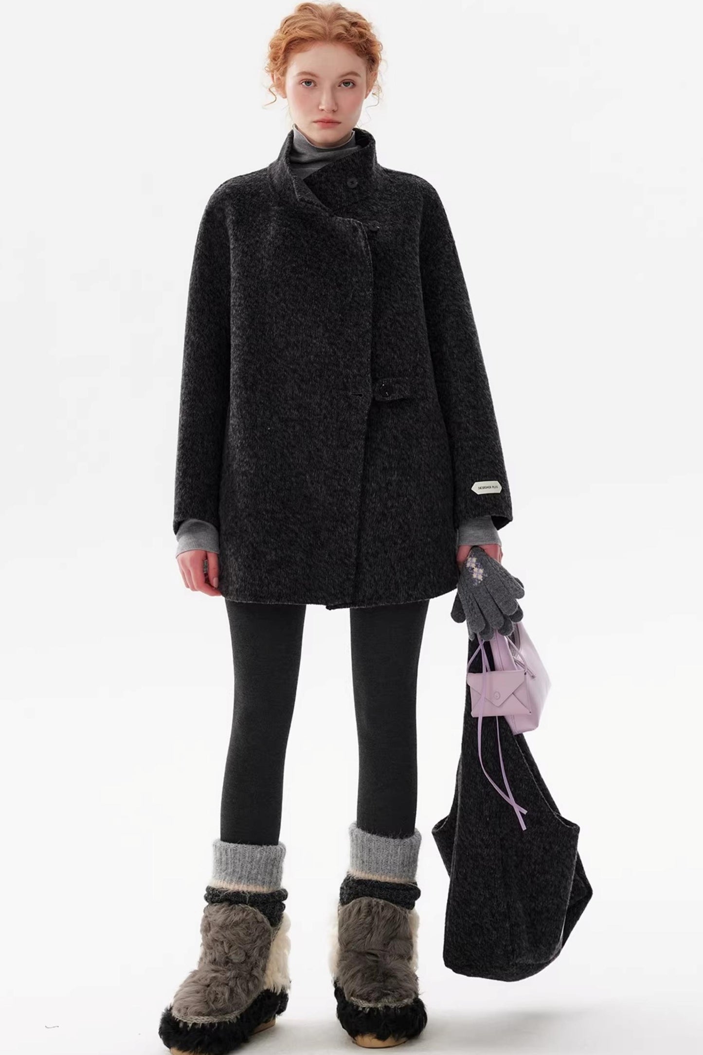 Black Wool Stand Collar Coat